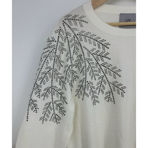 LIV White Leaf Silver Snowflake Rhinestone Motif Sweater - Picture 3 of 7
